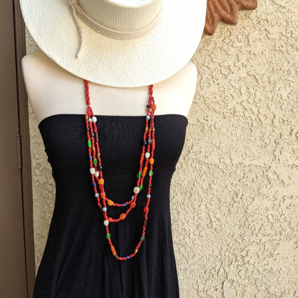 🌞🌞🌞🌞🌞Colorful Multi Strand Red Beaded Necklace 21" long Summer Style